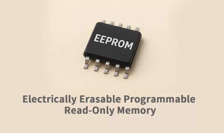 Close-up of optical module circuit board with EEPROM chip highlighted, showing data roles in network hardware.