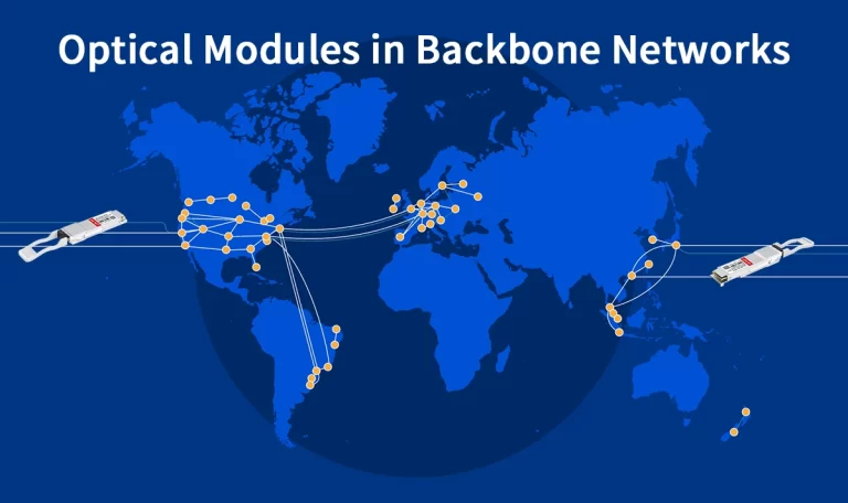 High-tech backbone network visualization with optical modules connecting global datacenters, symbolizing LINK-PP innovation and reliability.